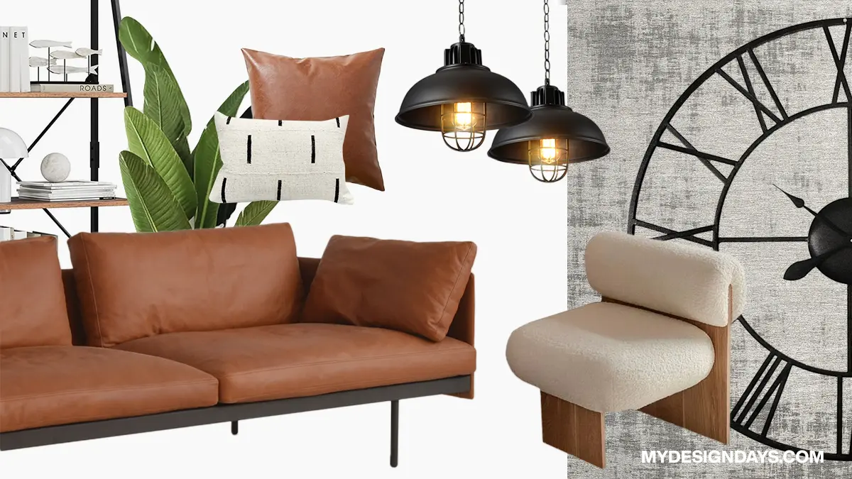 Examples of Industrial Style Furniture such as Leather sofa, Leather pillow, and comfy chair
