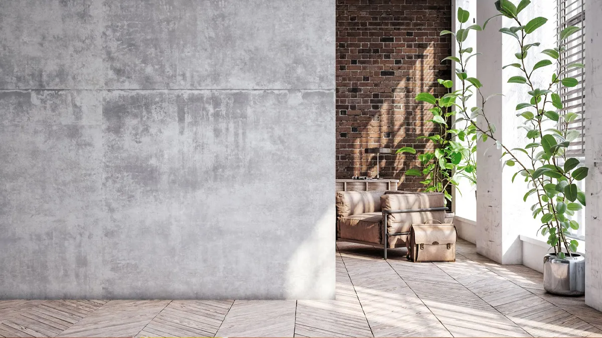 Industrial Style Home the contains Leather chair, concrete wall, tall plants, and Leather Briefcase 