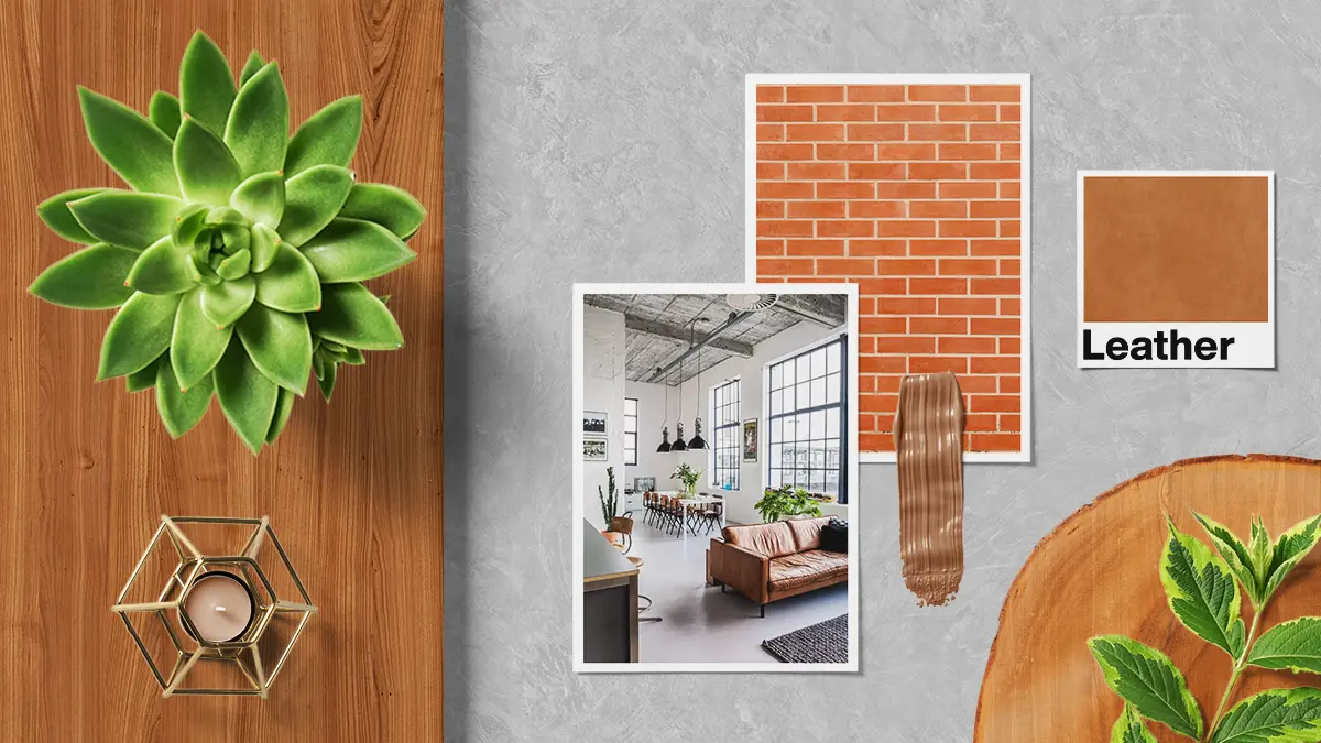 Industrial Style Materials including red bricks, reclaimed wood, leather, and paint smash