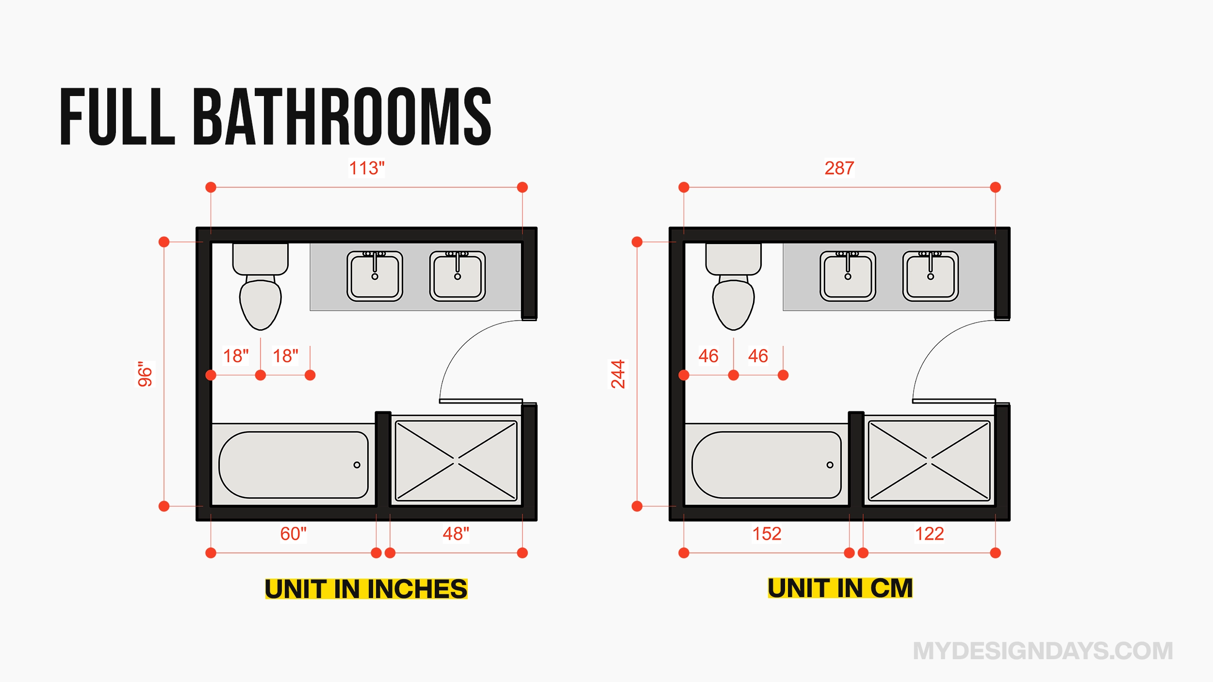 Full Bathroom layout examples with dimensions in CMS and Inches